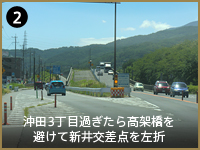 2. 沖田3丁目過ぎたら高架橋を 避けて新井交差点を左折