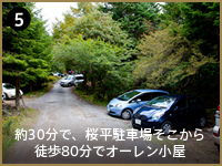 5. 約30分で、桜平駐車場そこから 徒歩80分でオーレン小屋