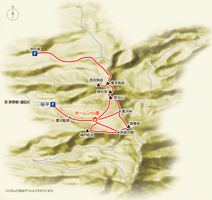 硫黄岳・天狗岳コース山行図　※この山行図はデフォルメされています。