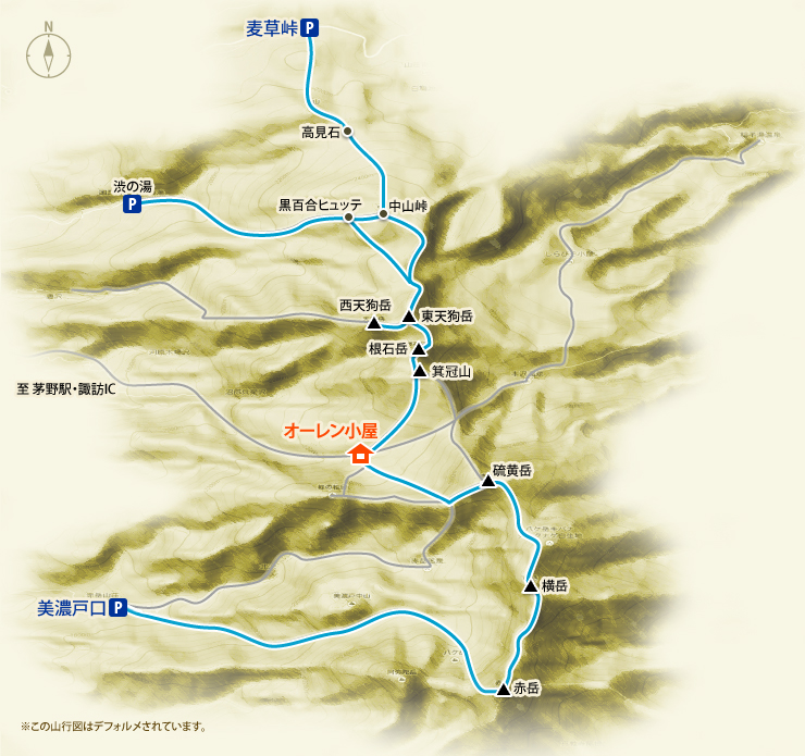 八ヶ岳縦走コース山行図　※この山行図はデフォルメされています。