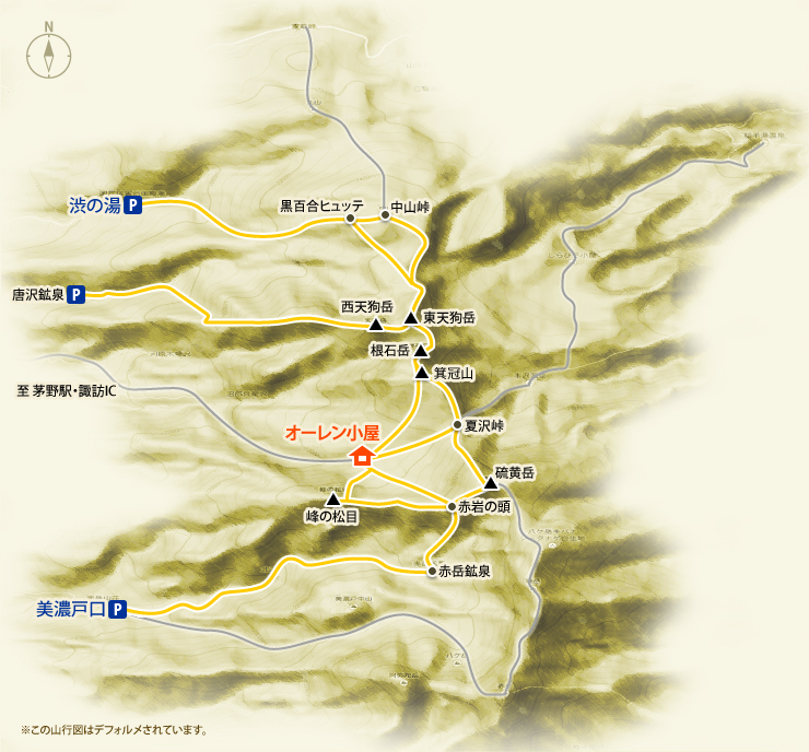 美濃戸口からのコース山行図　※この山行図はデフォルメされています。